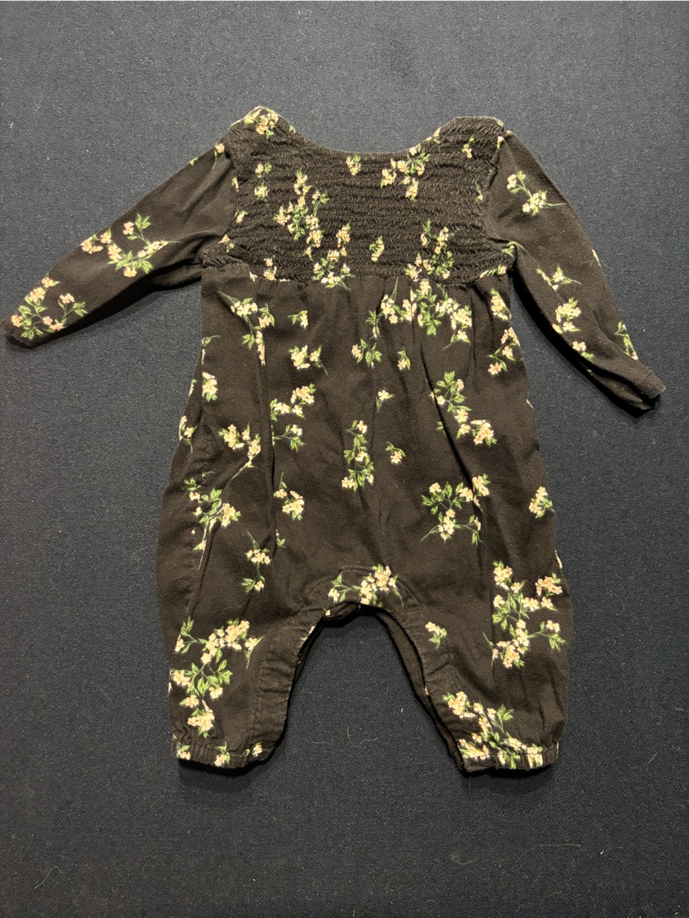 Black Floral Baby Romper with Smocked Chest -0-3M